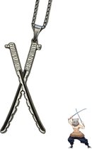 Collier Anime Xuternity® – Épée Inosuke du tueur de Demon – Kimetsu no Yaiba – Lames Nichirin doubles argentées – Accessoires de cosplay et cadeau pour fan – Cadeau de Noël