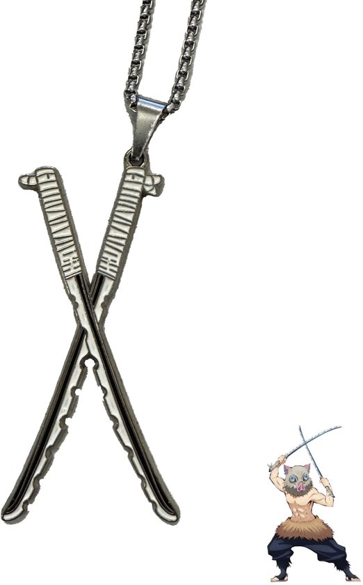 Collier Anime Xuternity® – Épée Inosuke du tueur de Demon – Kimetsu no Yaiba – Lames Nichirin doubles argentées – Accessoires de cosplay et cadeau pour fan – Cadeau de Noël