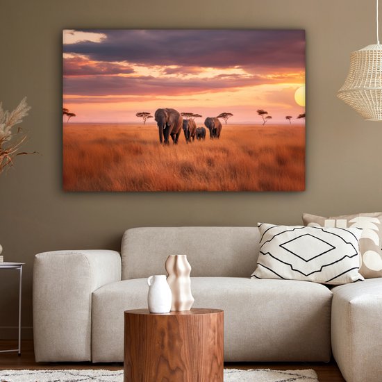 Tableau sur toile 120x80 cm - Décoration murale exclusive - Groupe d'éléphants - Plaine ouverte - Soleil - Décoration murale murale salon - Décoration chambre - Accessoires de décoration - Peintures sur toile