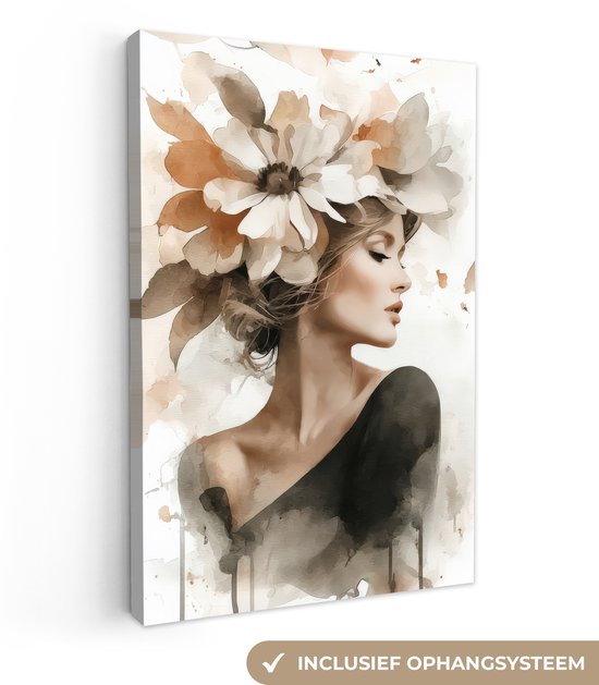 Canvas schilderij 80x120 cm - Exclusieve wanddecoratie Bloesem - Portret - Gezicht - Muurdecoratie woonkamer - Slaapkamer decoratie - Kamer accessoires - Schilderijen op canvas