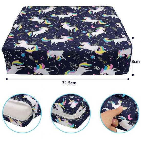 Dutchers® Stoelverhoger voor Kinderen – 8cm Verhoogkussen met Dierenprint – Zitverhoger voor Eettafel & Eetkamerstoel – Zitkussen Tafel - Peuter Stoelverhoger - Stoelkussen waterdicht – Zitverhoger voor eetkamerstoel - Veilig met Riemen - Eenhoorn