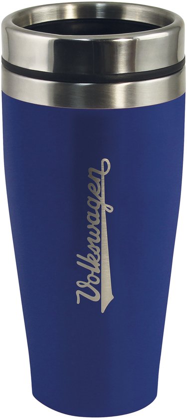 Korenblauwe thermosbeker met zilverkleurig Volkswagen logo. RVS rand en sluiting.