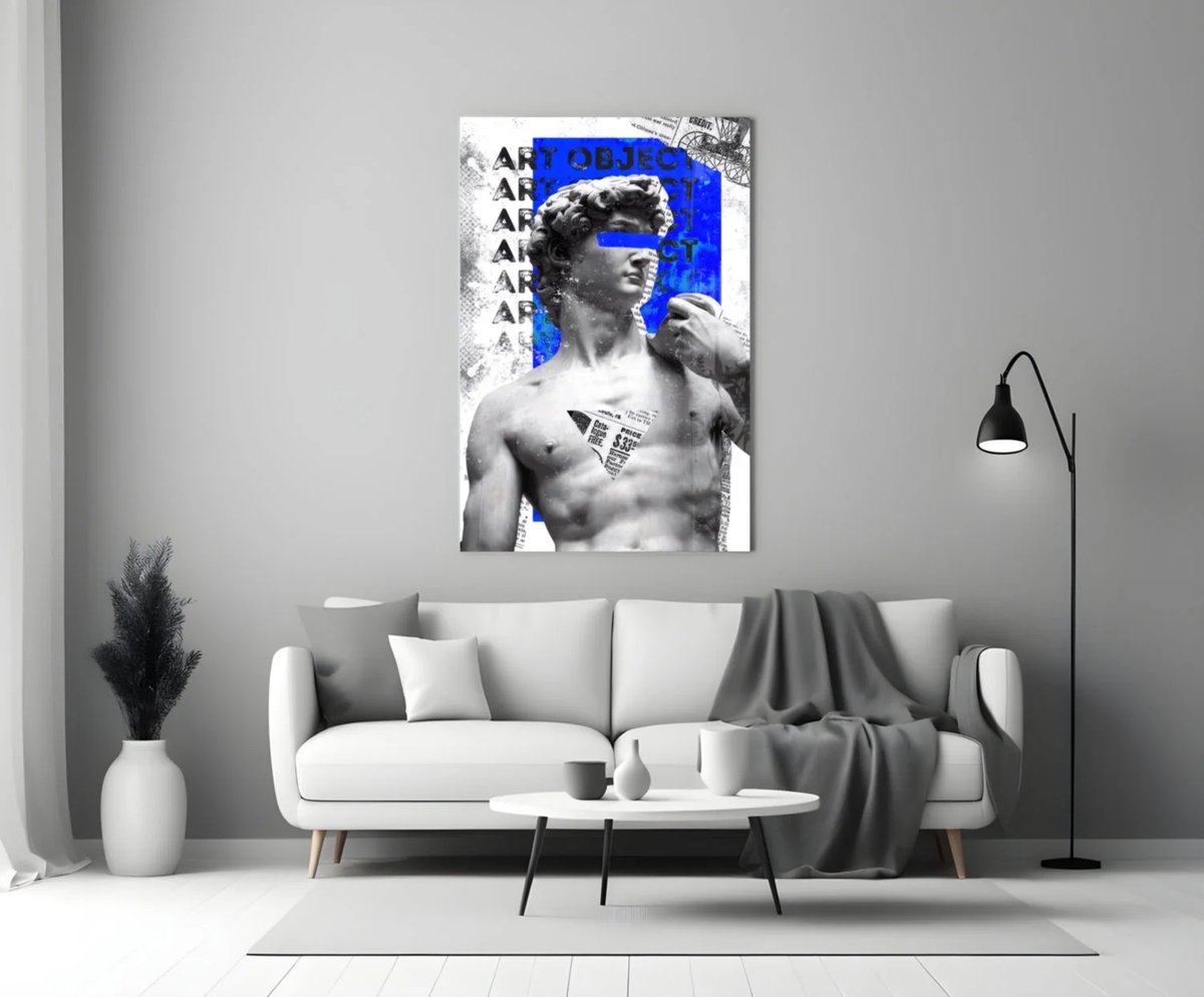 Insigne Art Glasschilderij – David met Blauwe Veeg – Moderne Street Art – Abstracte Klassieke Kunst - 72x46 cm