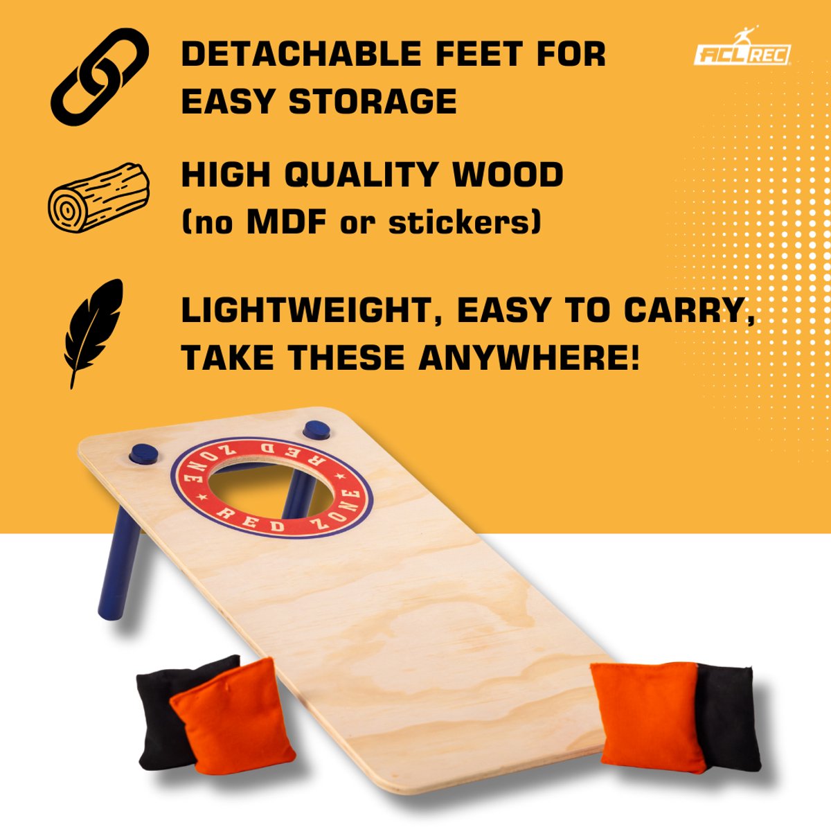 Wicked Wood Games – Mini Cornhole Set – Red Zone Style – 60x30 cm – Inclusief 2 Boards en 8 Zakjes – 100% Hout — afbeelding 2