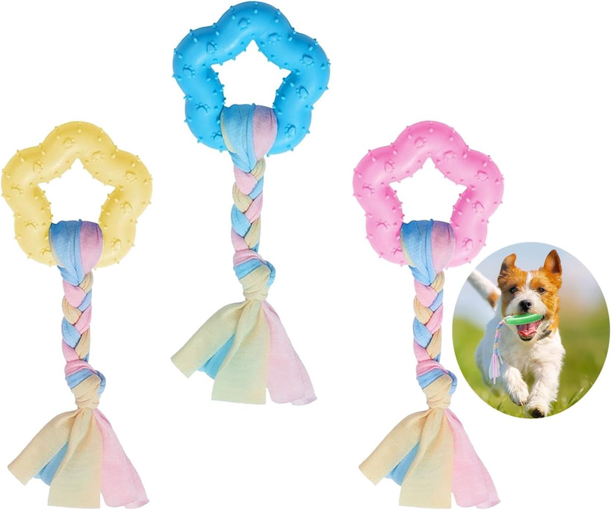 3-delige set voor puppy’s – speelgoed voor kleine honden – kauwspeelgoed voor honden – natuurlijk rubber en katoenen touwen – tandgezondheid – verlicht angst – roze – geel – blauw