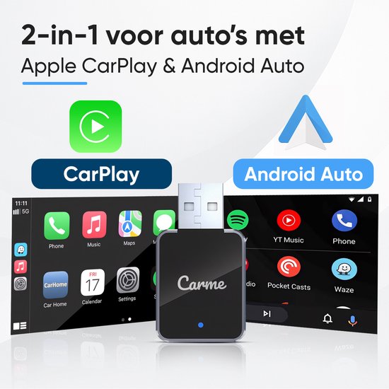 CarMe Mini 2-in-1 CarPlay Dongle V2 - Draadloos CarPlay & Android Auto - USB-A & USB-C - Android Auto Dongle - Zilver