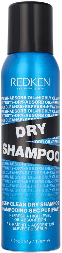 Blauwe spuitbus Redken Dry Shampoo met zwarte dop, staand, op witte achtergrond.