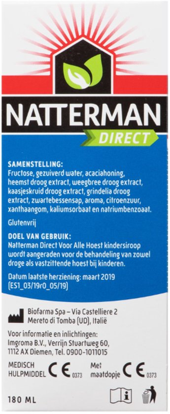 Natterman Direct Voor Alle Hoest kindersiroop - Voor droge en vastzittende hoest - Vanaf 1 jaar - Kids - Hoestdrank - Medisch hulpmiddel - 180 ml