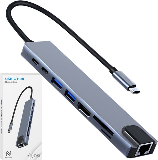 Nuvance USB C Hub 3.0 – 8 Poorten - Usb Splitter - Ethernet - Usb C - Hdmi - Docking Station Laptop - Micro SD Card Reader - 4K