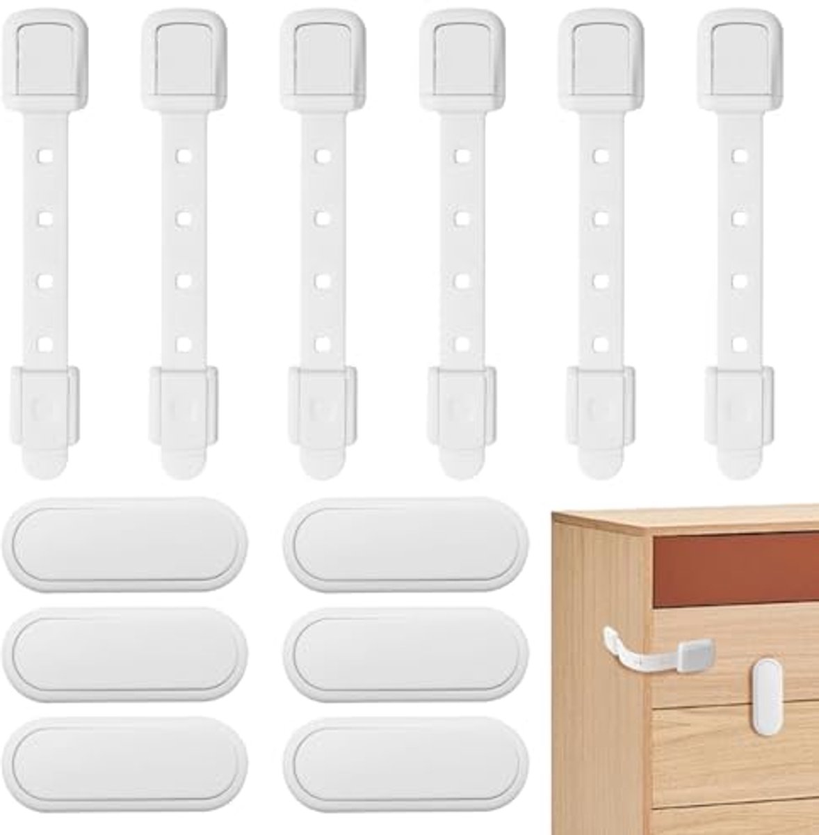 Image of 12 Stuks Kinderkast Slot Voor Veiligheid - Zelfklevende Deursloten Voor Kinderen - Verstelbare Sluiting Voor Keuken, Kast, En Koelkast - Wit
