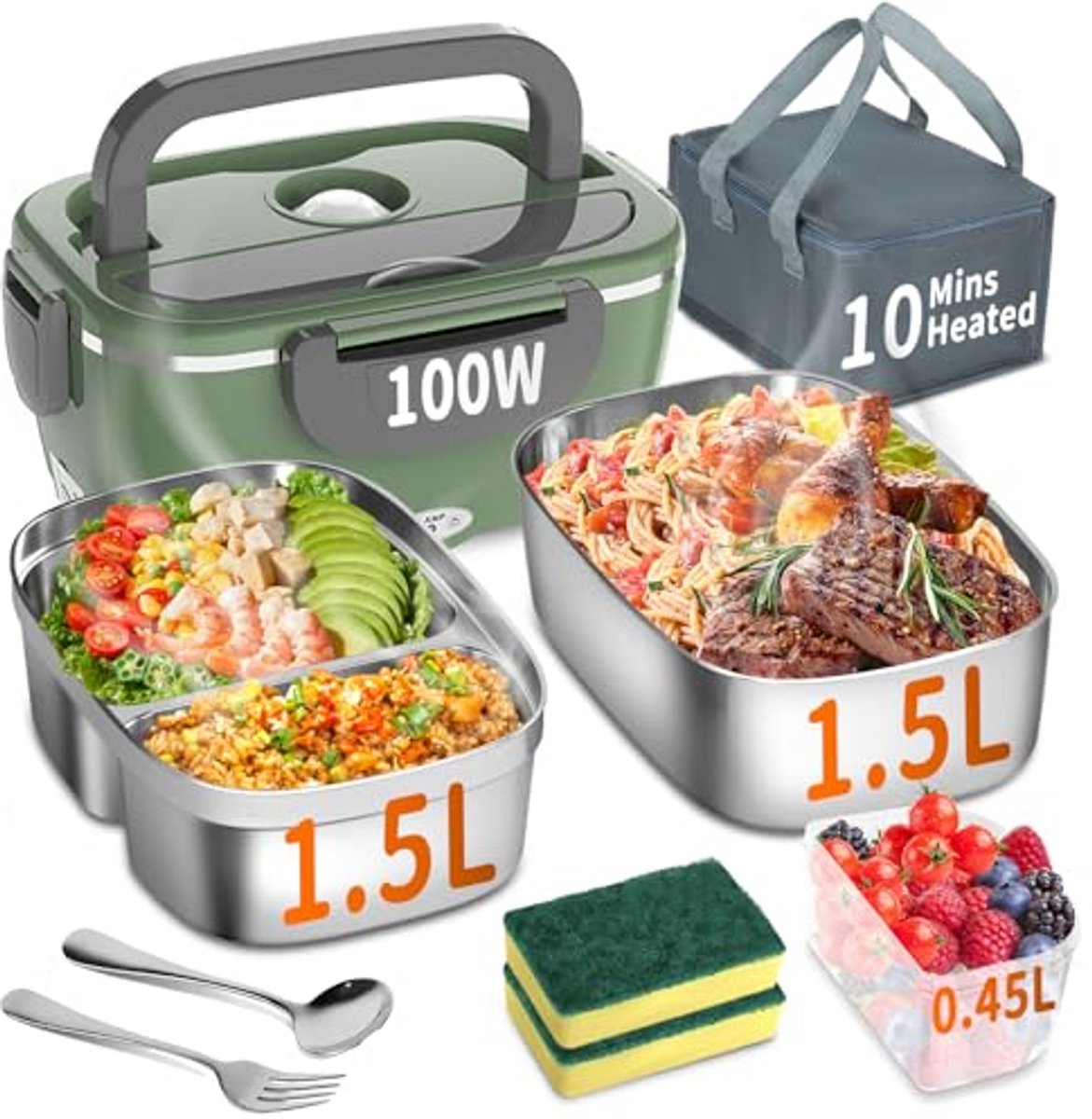 Draagbare verwarmde lunchbox 1,8L - 3-in-1 voedselverwarmer voor onderweg