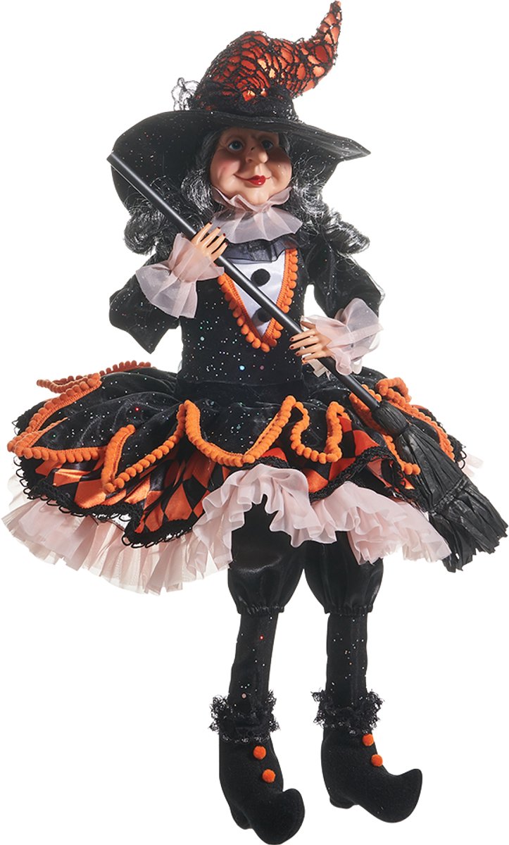 Viv! Christmas Halloween Decoratie Beeld - Heks in Oranje en Zwarte Feestjurk - 51 cm