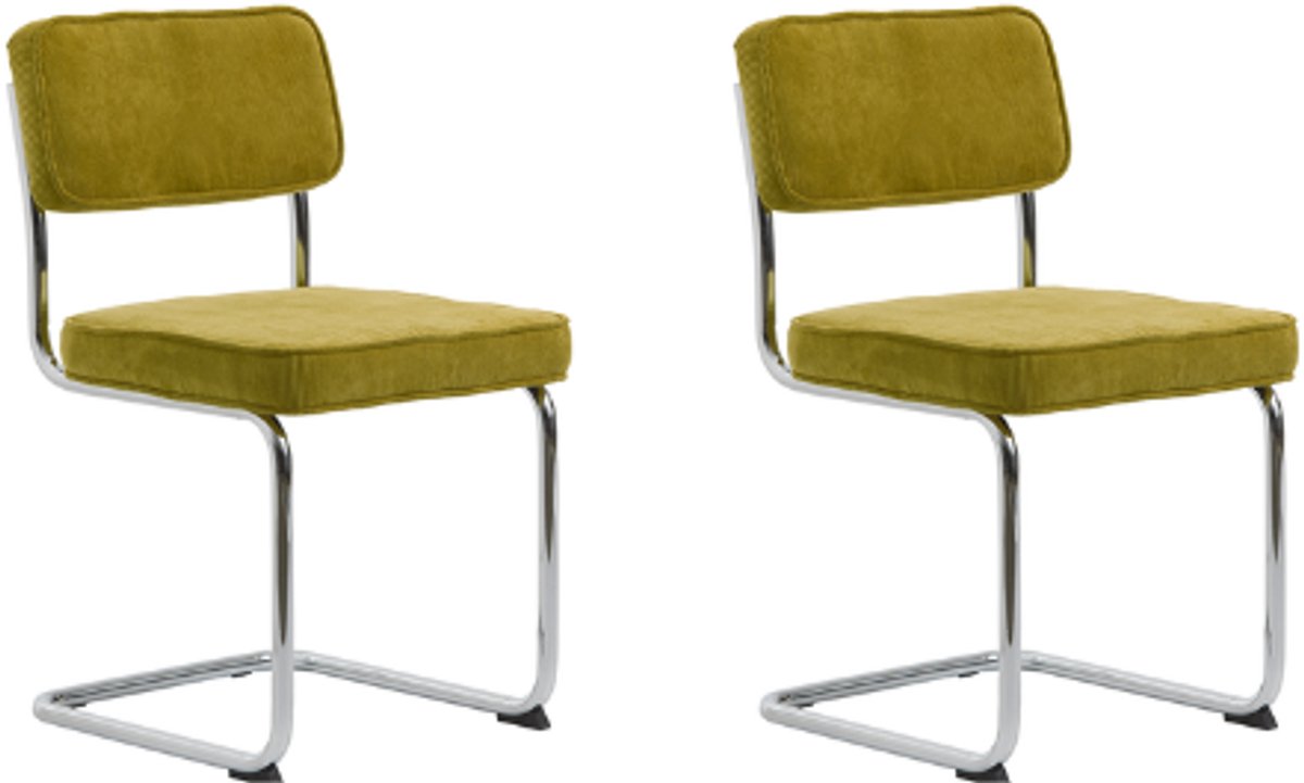 LevaLeva Rupert eetkamerstoel set van 2- rib stof - groen - buisframe - chroom