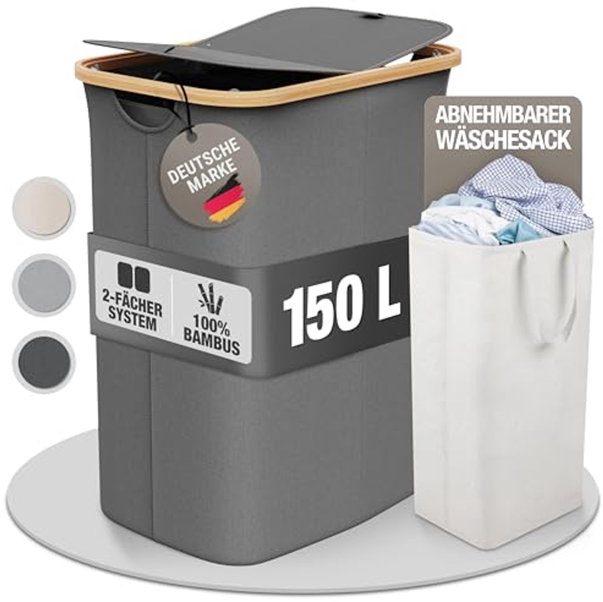 Grote Wasmand met Deksel en 2 Vakken – 150 Liter, Bamboe-Stof, XXL, Grijs