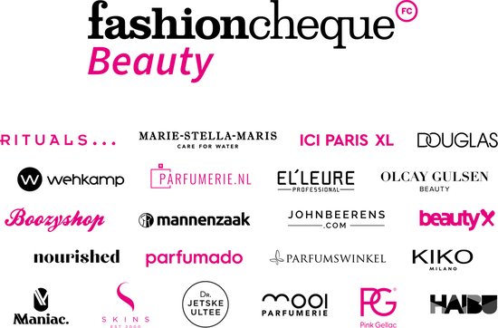 fashioncheque Beauty logo met diverse winkelnamen zoals Rituals, Douglas, ICI PARIS XL, Douglas, Kiko Milano.