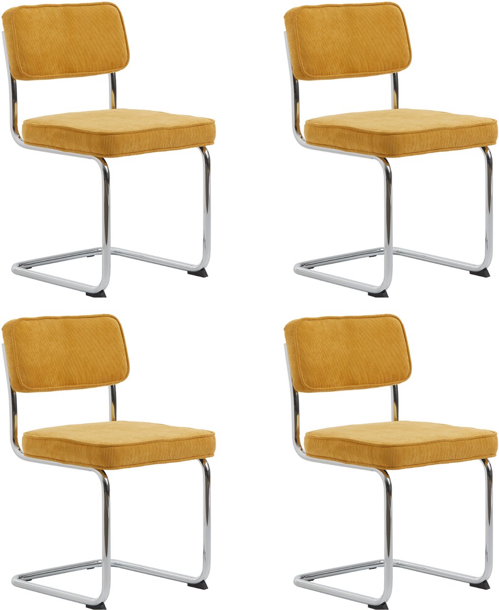 LevaLeva Rupert eetkamerstoel set van 4- rib stof - geel - buisframe - chroom