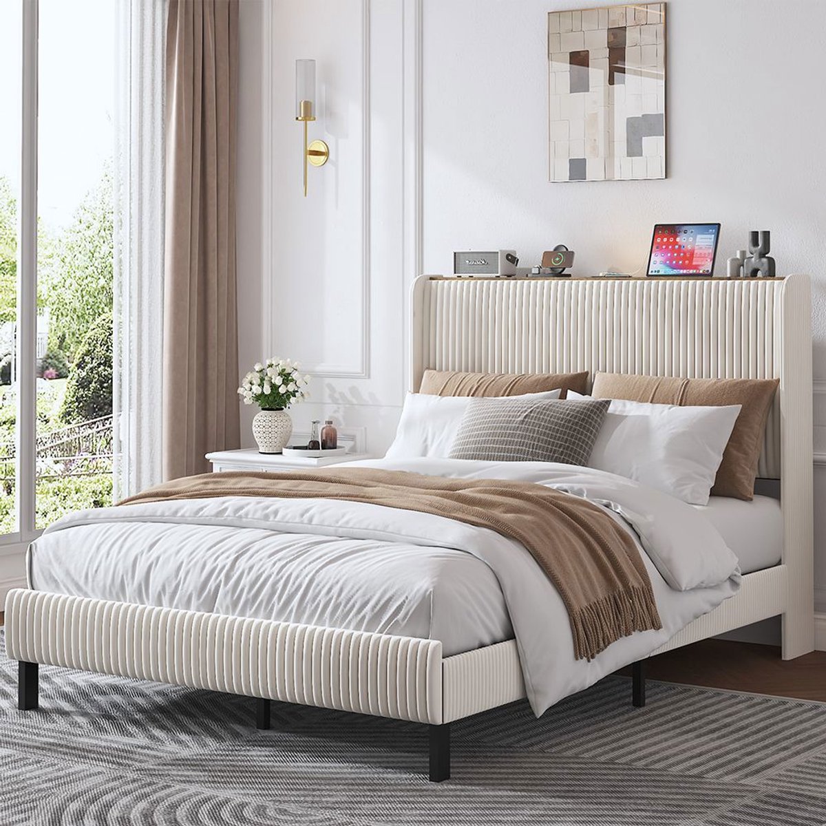KOMHTOM BLACKCOLORS Bedframe 140*200 gestoffeerd platformbed met stoffen hoofdeinde, ontwerp met gebogen randen/antislip en geruisloos/metalen latten/zonder lattenbodem Beige+Crème