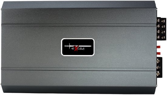 Bovenaanzicht van de grijze Excalibur X4100.4 versterker met het Excalibur logo in het midden.