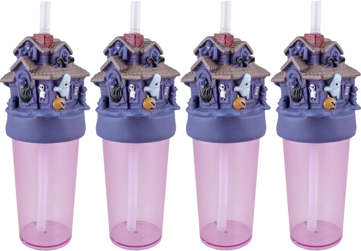 Drinkbeker spookhuis met rietje - 25 cm hoog - 4 STUKS - Leuk voor Halloween