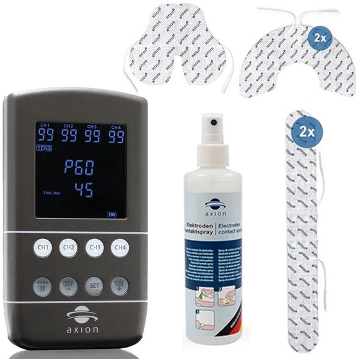 axion® TENS-apparaat 4-kanaals STIM-PRO X9B combiset – inclusief rugelektroden en contactspray.