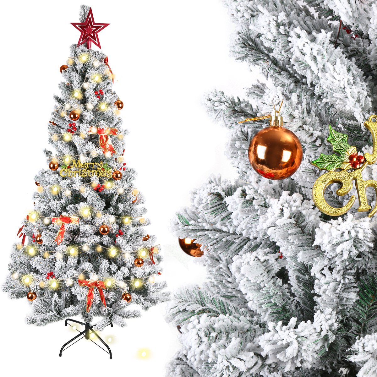 PIPIPOXER 210 cm kunstkerstboom met sneeuw met 950 punten PVC, dennenboom met standaard