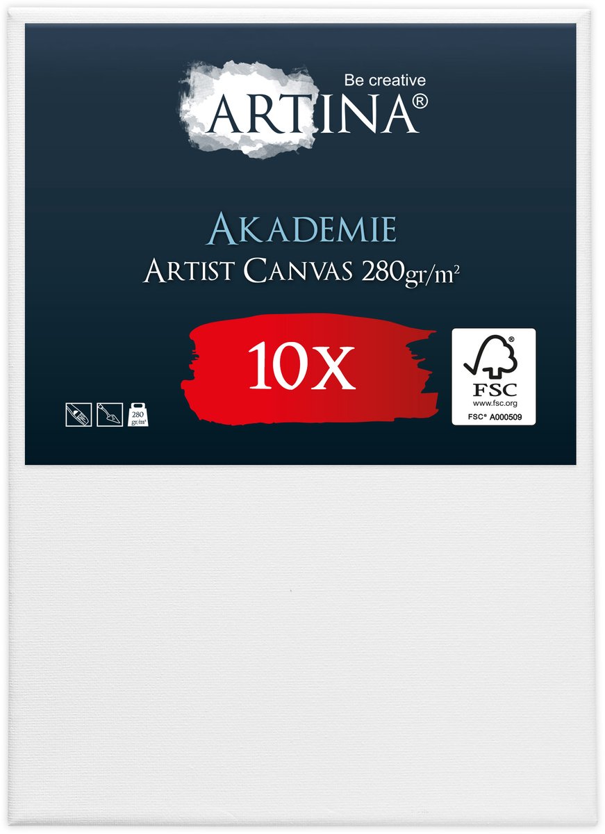 Artina Akademie – Set van 10 Schilderdoeken Canvas 50x70 cm – Spieraam van FSC® Hout – Wit Canvas 100% Katoen – 280 g/m
