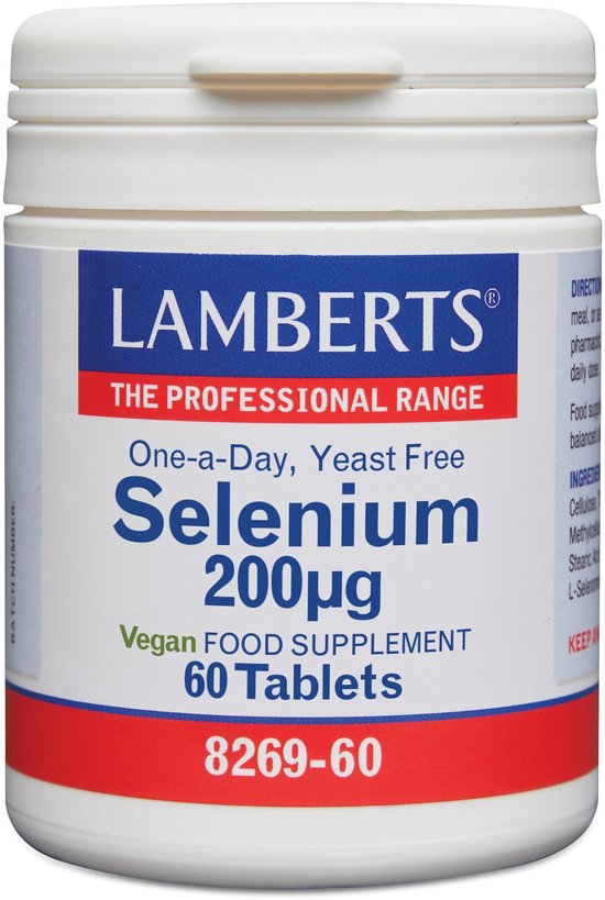 Witte pot met blauw, rood en wit etiket. Lamberts Selenium 200mcg, veganistisch, 60 tabletten.