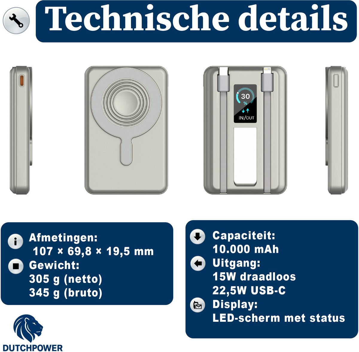 DUTCHPOWER MagSafe Powerbank 10.000mAh Draadloze Snellader - afbeelding 3