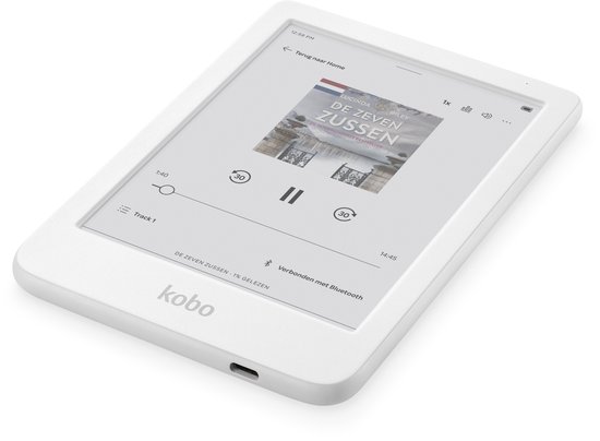 Witte Kobo e-reader toont een luisterboek met een Nederlandse vlag.