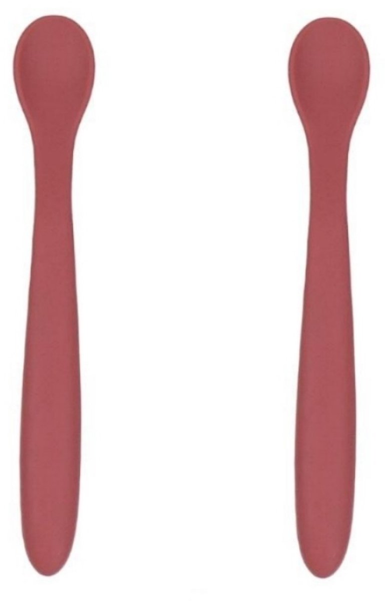 Image of 2 stuks siliconen babylepel met lange steel, zachte baby-trainingslepel, geen pijn aan het tandvlees - baksteenrood