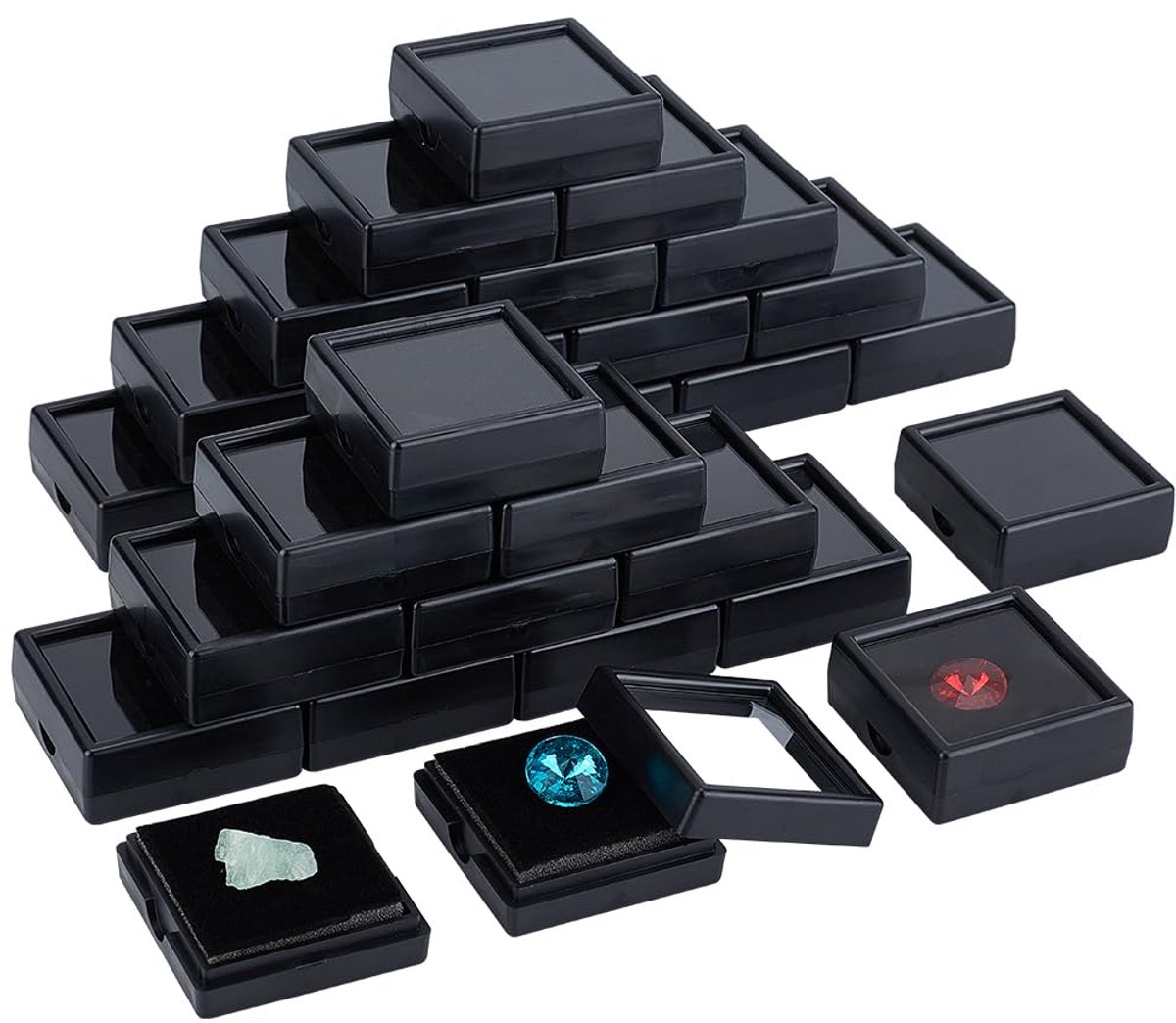 48 Pack Display Box voor Edelstenen - Zwarte Plastic Doos met Duidelijk Venster en Fluwelen Kussen - 4x4x1,5cm