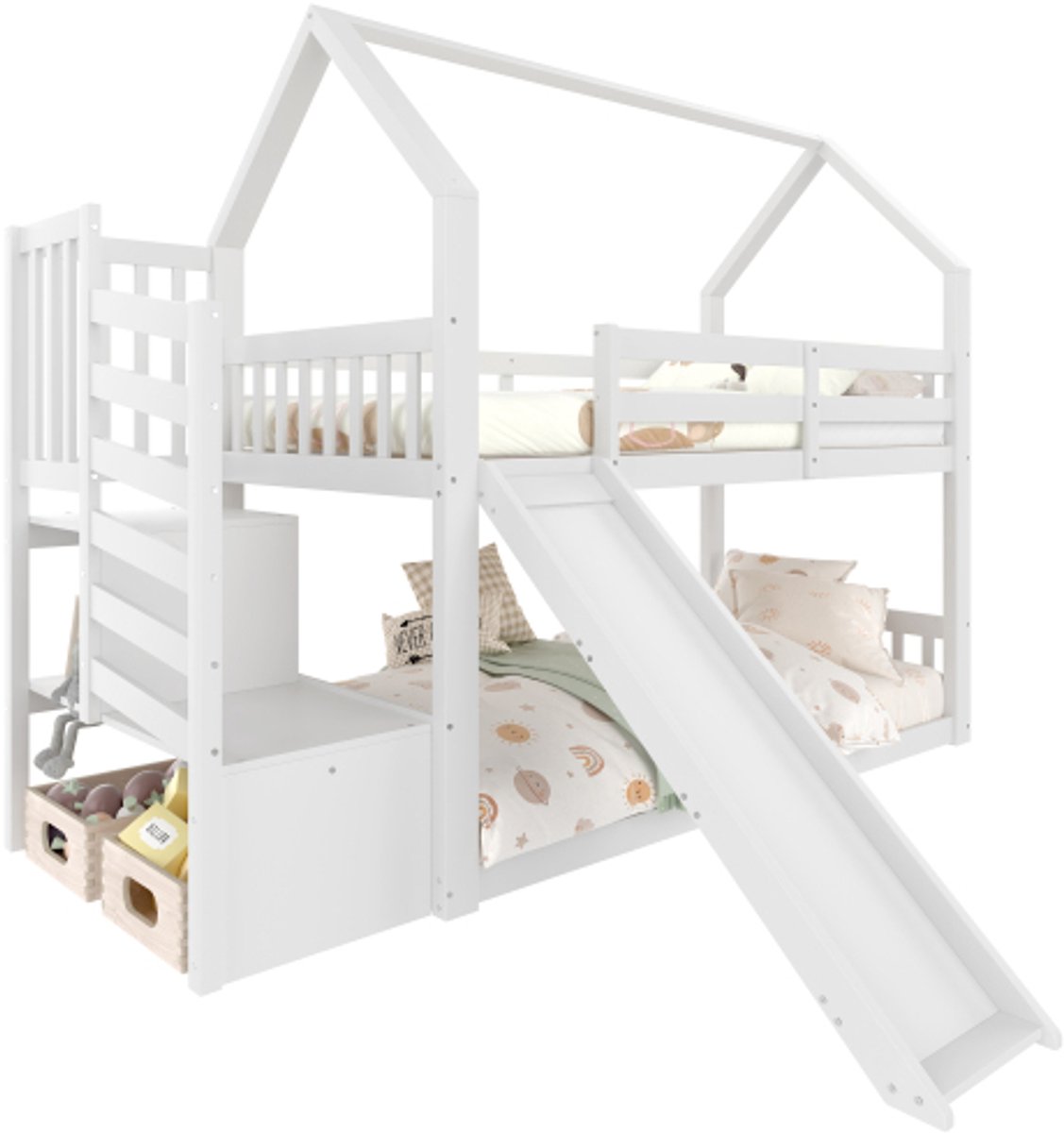 Merax Stapelbed Huisbed met Glijbaan en Opbergruimte – Hoogslaper Kinderbed 90x200 cm – Wit