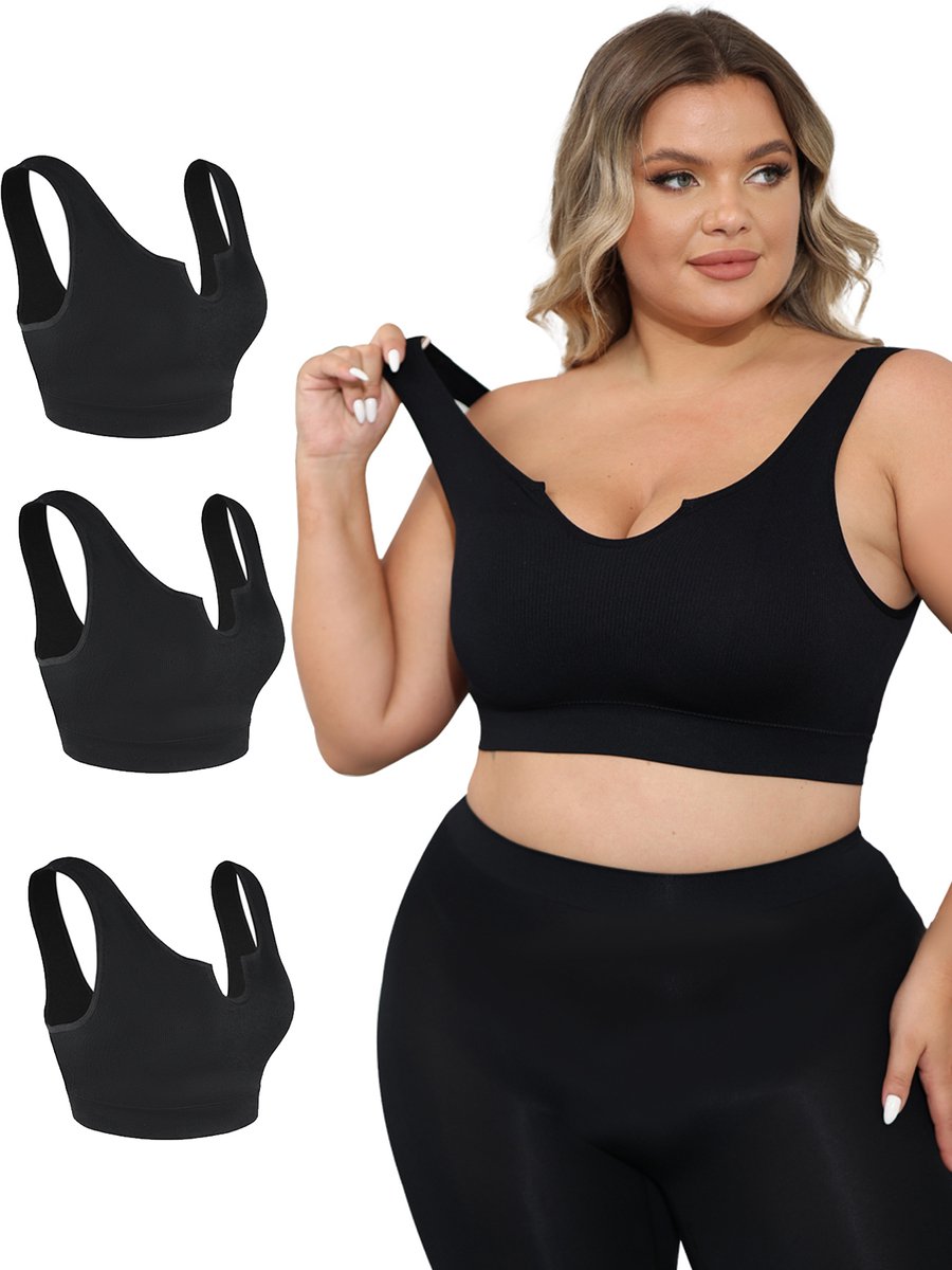 VIMOSE BH dames 3 Artikelen-BH zonder Beugel-BH Grote maten-Push up-beha's-afneembare cups-Beha dames-Plus size bh-Onzichtbare BH-Comfort BH-Licht Corrigerend-Zwart-XL