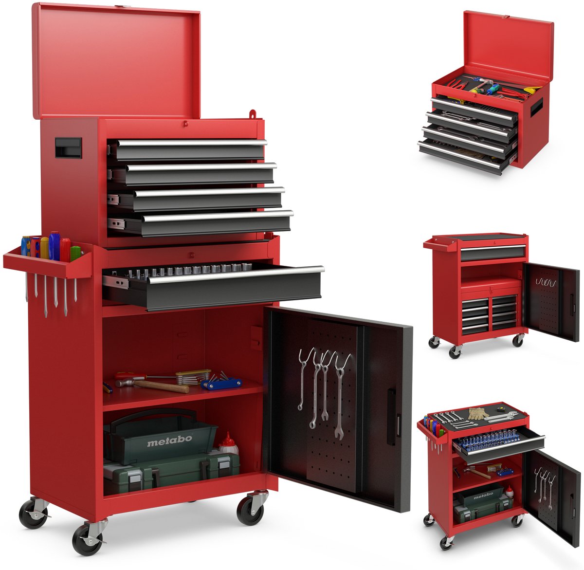 COSTWAY 2 in 1 werkplaatswagen incl. koffer & 8 vakken & haken & verstelbaar legbord, gereedschapswagen Vergrendelbaar op wielen zonder gereedschap, 59x28x102cm
