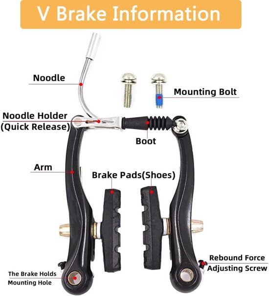 Zwarte V-brake remklauw voor fiets met "Noodle" kabelhouder, remschoenen en montagebouten.