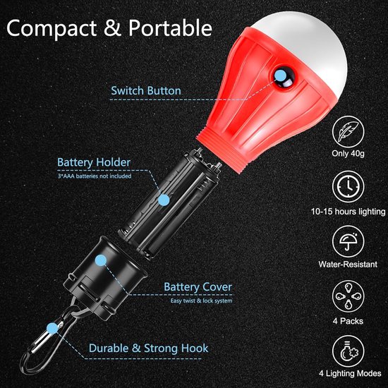 Campinglamp - 4delige - Camping - Creatief Verstelbaar LED Tentlamp - Draagbaar Kampeerlamp - Camplamp - Tent Verlichting - Lampjes - IPX4 Waterdicht - Fel - Battery Operated Emergency - 4 Lighting Modes - voor Outdoor /vissen /Reizen /kamperen — afbeelding 5