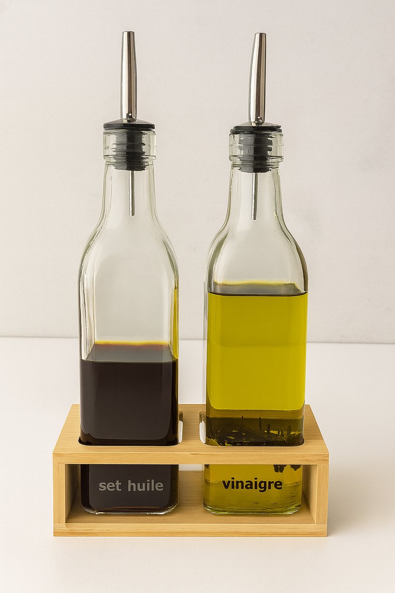 Mevaz Olie- en Azijn Set – 2-delig – Glas & RVS – Incl. Bamboe Houten Houder – Antidrup Schenktuit – 500ML