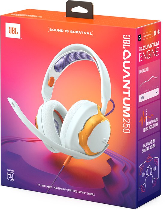 Verpakking van de JBL Quantum 250 gaming headset, met afbeelding van de witte en oranje headset.