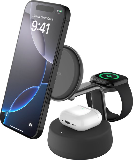 Belkin UltraCharge Pro 3-in-1 MagSafe Draadloze Oplader met Standaard Qi2 25W Zwart