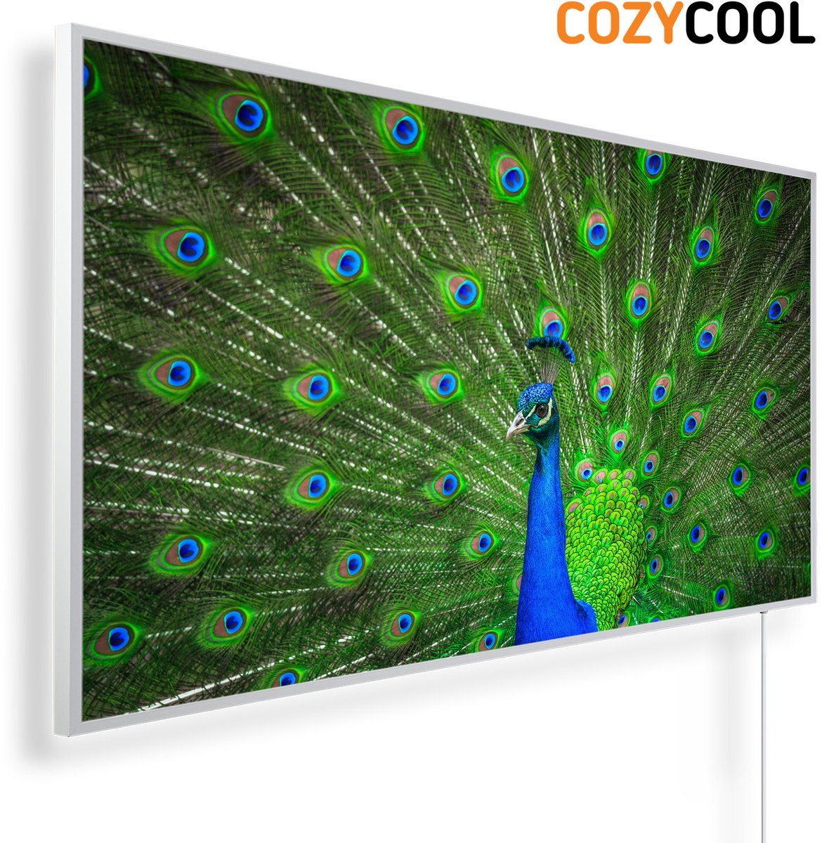 Infraroodpaneel met afbeelding | Kleurrijke pauw | 1200 Watt | Witte lijst | Infrarood verwarmingspaneel | Infrarood paneel | Infrarood verwarming