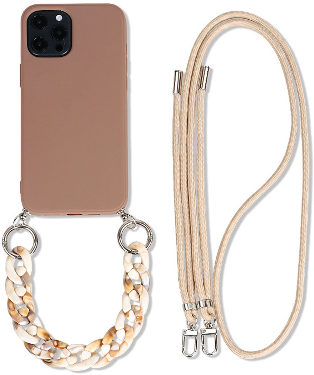 Telefoonhoesje met Koord en Polsband – Geschikt voor Apple iPhone 15 Pro Max – Siliconen Case met Draagkoord – Bruin