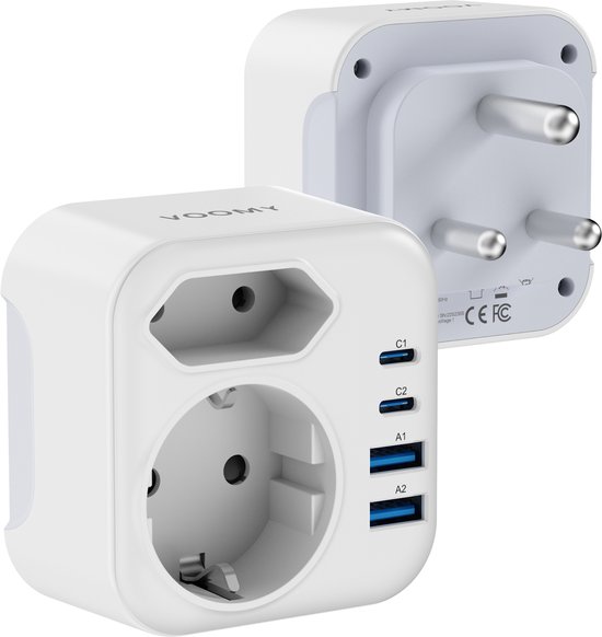 Prise de voyage Voomy Afrique du Sud - Prise universelle type M - Convient pour Afrique du Sud, l'Inde, le Népal, la Malaisie, la Namibie, le Sri Lanka et Singapour - 2 prises - 2 USB-C et 2 USB-A - Wit