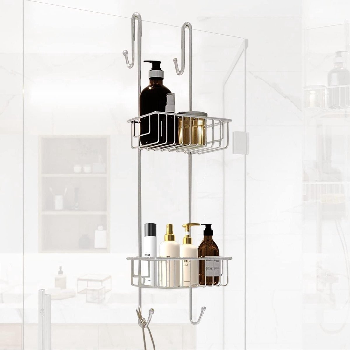 WNHB® Hangend doucherek roestvrij staal - dubbel badkamerrek zonder boren - douchemand met haken 70x19x185 cm