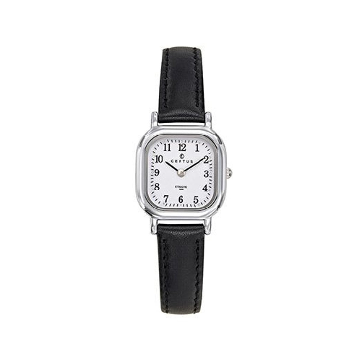 Certus-Dameshorloge-model-644402-zilverkleurig-zwart leder-5 atm waterdicht-diameter 23 x 23 mm-duidelijke wijzerplaat-made in france