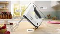 Witte Bosch ErgoMixx handmixer van 750W met afmetingen 154x74x208 mm, naast een chocoladetaart.