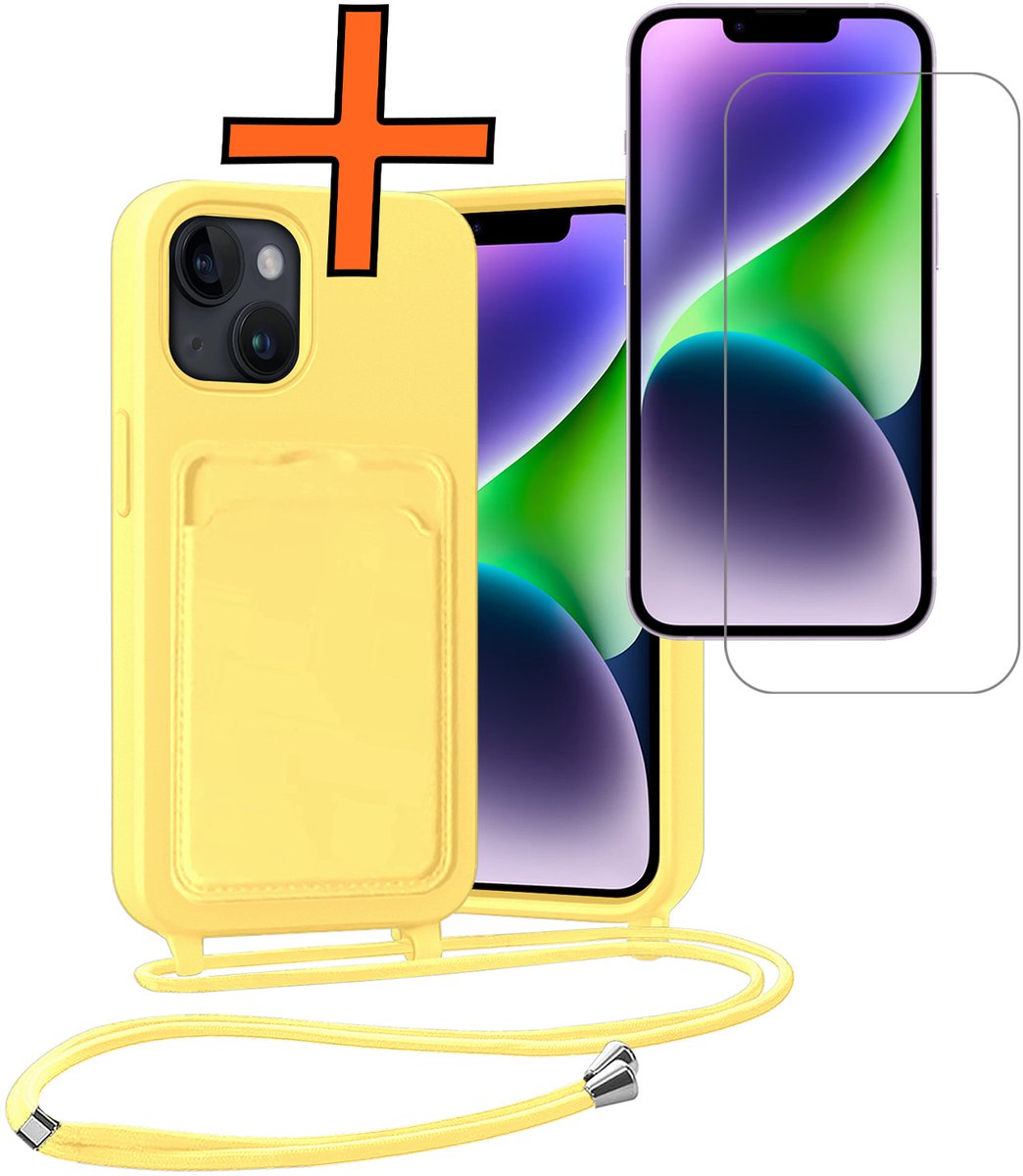 Hoesje Geschikt voor iPhone 14 Hoesje Met Telefoonketting Pasjeshouder Case Met Screenprotector Koord - Hoesje Geschikt voor iPhone 14 Hoes Met Kaarthouder - Geel