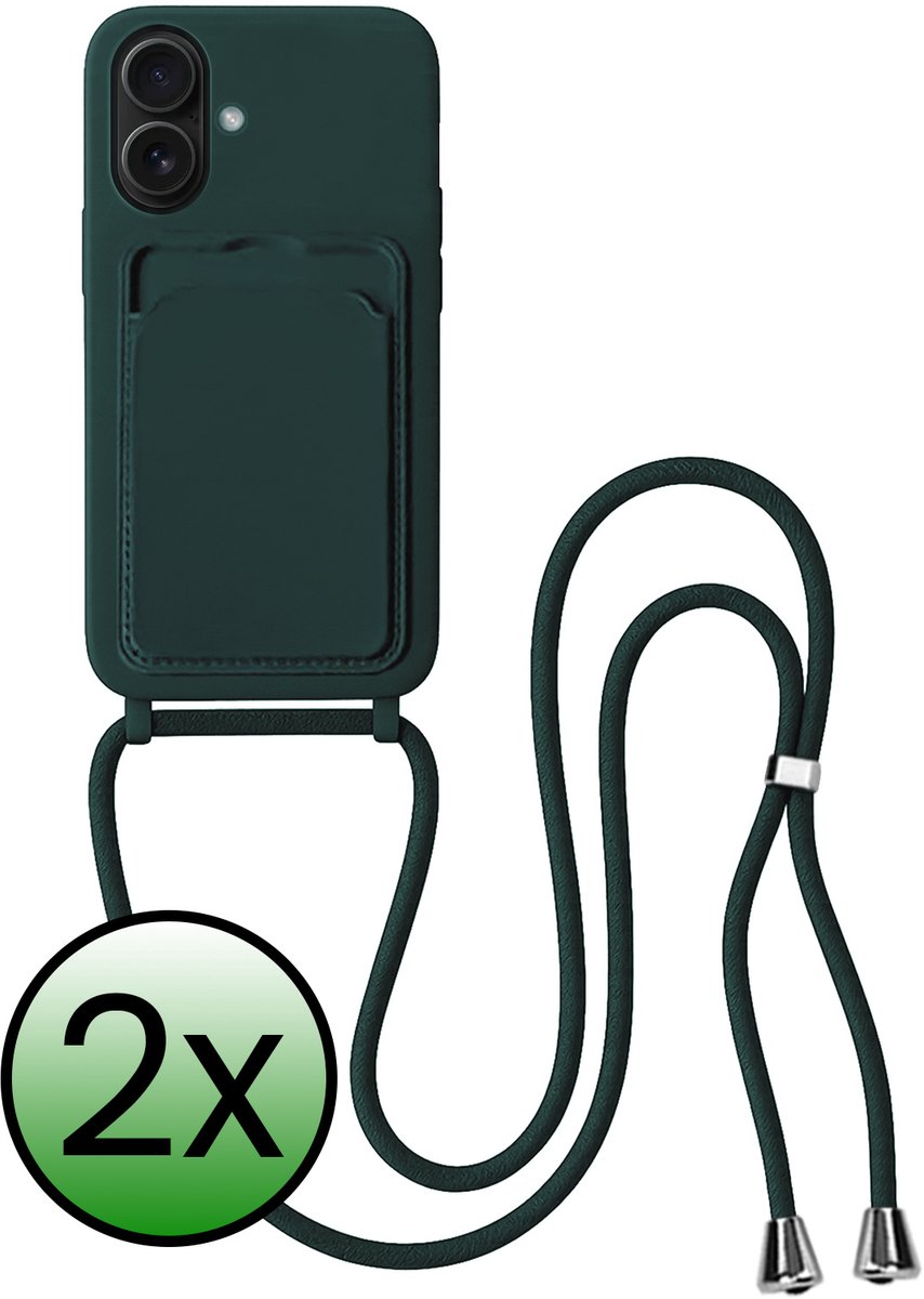 Hoes Geschikt voor iPhone 16 Hoesje Pas Houder Case Hoes Met Koord - Hoesje Geschikt voor iPhone 16 Hoes Met Telefoonkoord Pasjeshouder Cover - Donkergroen - 2 Stuks