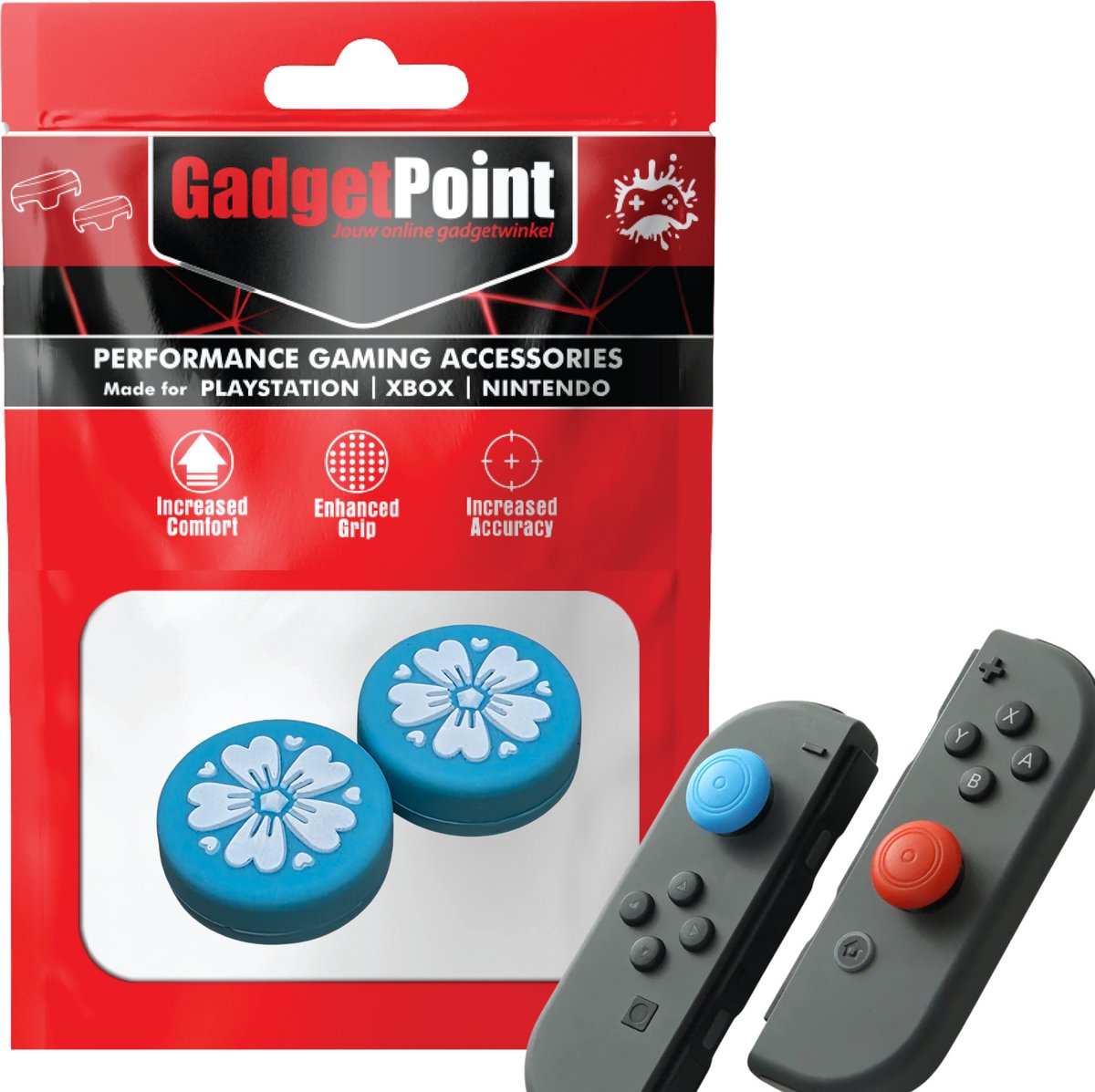 Gadgetpoint | Gaming Thumb Grips | Performance Thumbsticks | Accessoires geschikt voor Nintendo Switch Joy-Con Controller(s) | Thumbgrips | Bloemetjes - Blauw met Wit