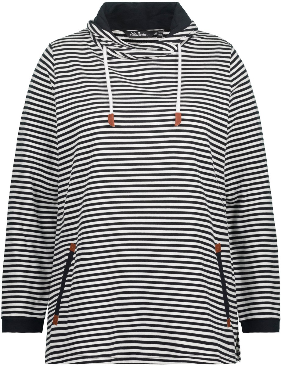 Ulla Popken - Dames - Sweatshirt strepen classic opstaande kraag lange mouwen - Zwart - Maat 54+