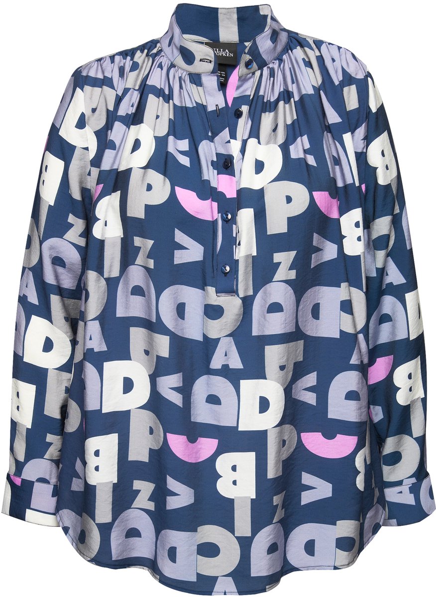 Ulla Popken - Dames - Blouse letters opstaande kraag lange mouwen - Inktblauw - Maat 54+